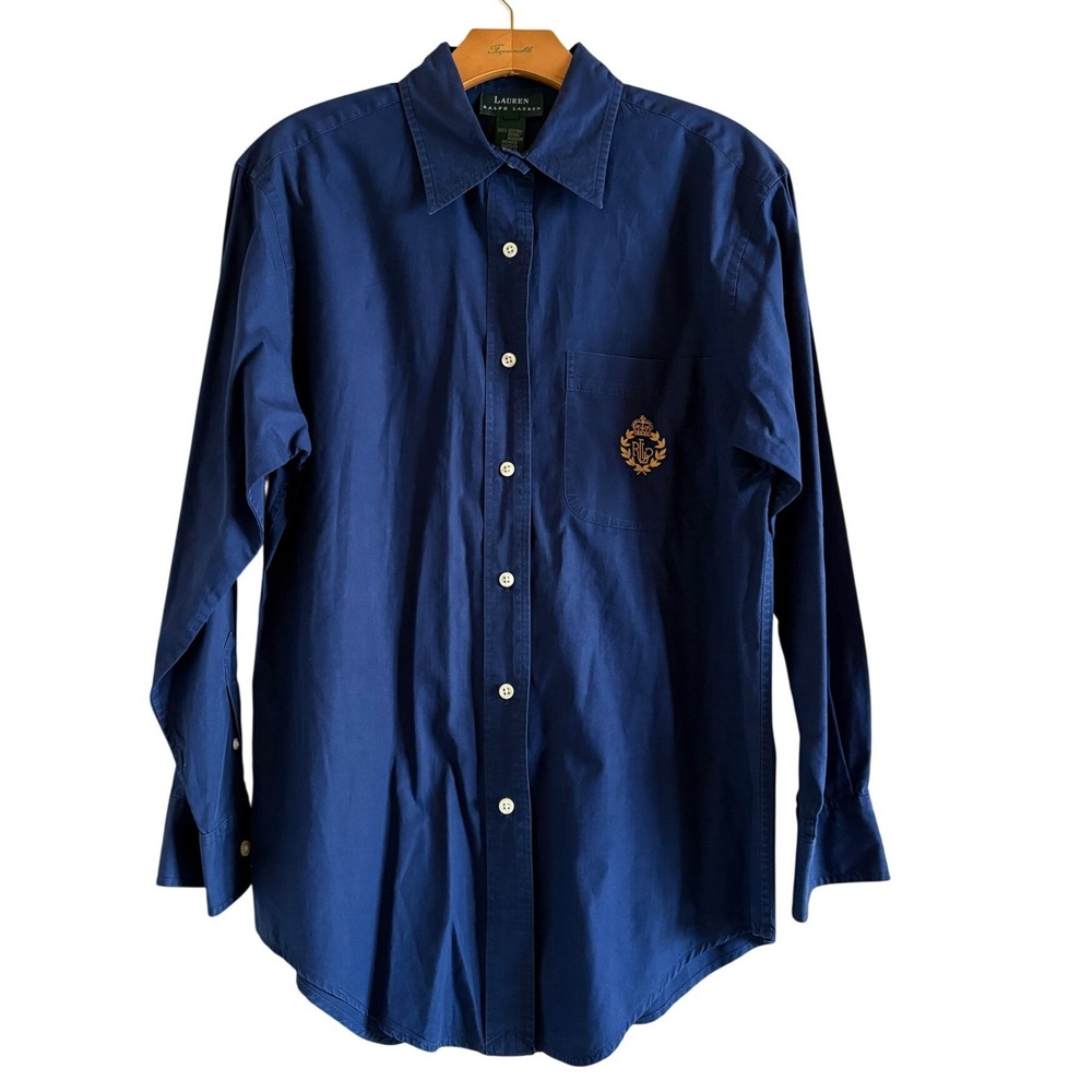 Lauren Ralph Lauren Navy Blue Cotton Button Down Monogram RLL Crest Shirt Size 8
